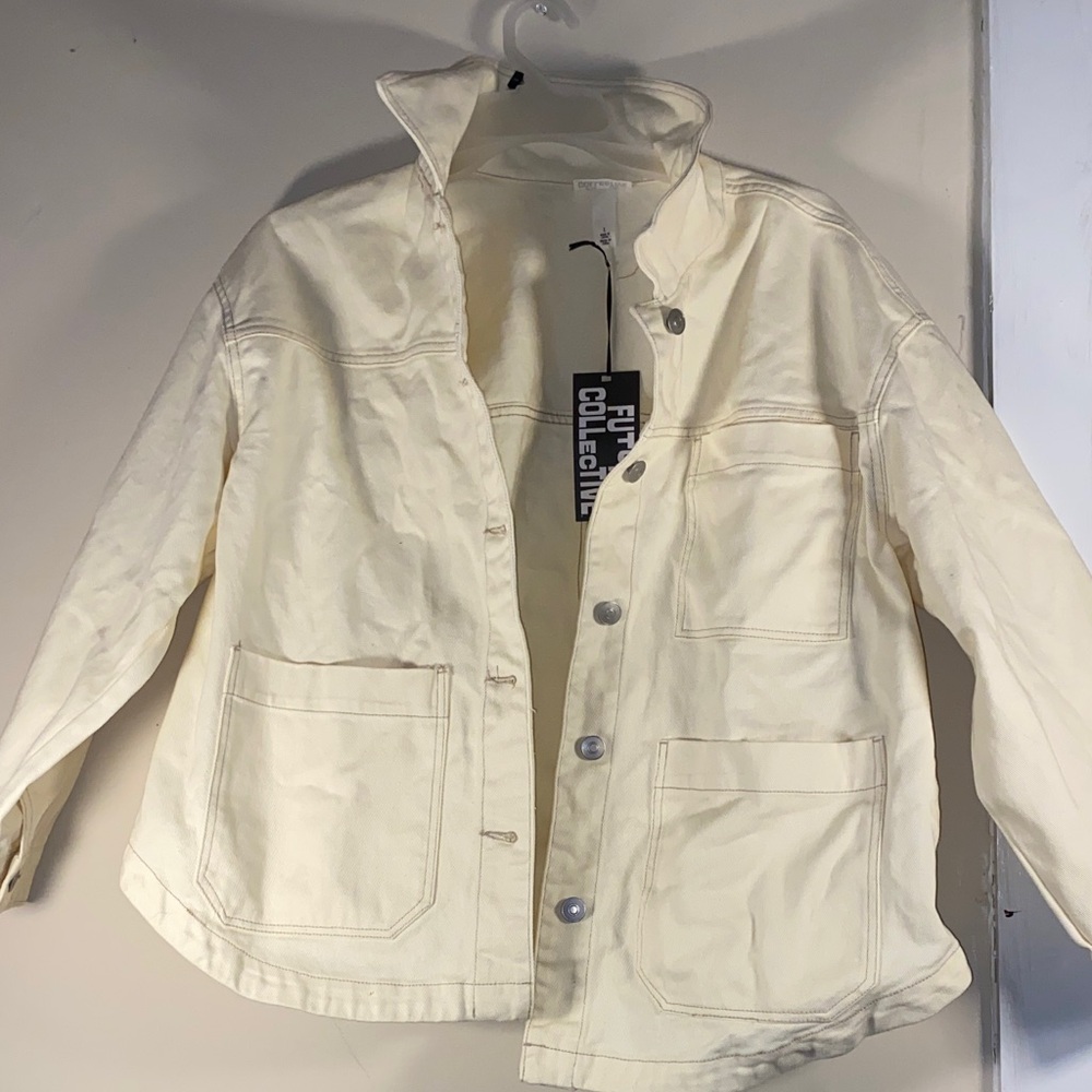 Future Collective Cream Oversized Contrast Stitch Denim Jacket new without tags